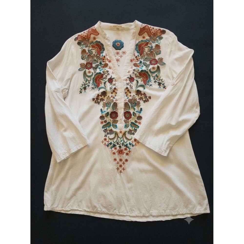 Solitaire White Floral Embroidered Boho Tunic Top Roll Tab Sleeve Small